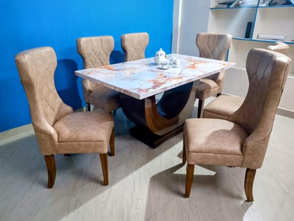 Taxzek Kitchen, Dining Room U-Shape, 6 Seater, Marble Top Dining Table with Upholstered Chairs, Tan