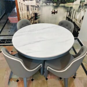 Taxzek Round Dining Table with Round Marble Top, 4 Grey Chairs, for Kitchen, Dining Room
