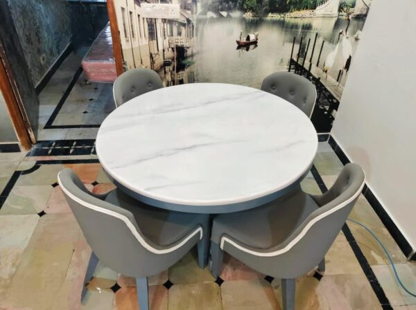 Taxzek Round Dining Table with Round Marble Top, 4 Grey Chairs, for Kitchen, Dining Room