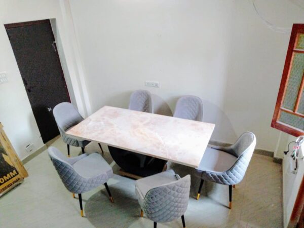 Taxzek U-Shaped Black+Golden Wooden Base, 6 Seater, Marble Top Dining Table, Grey Chairs with Black+Golden Legs - Image 2