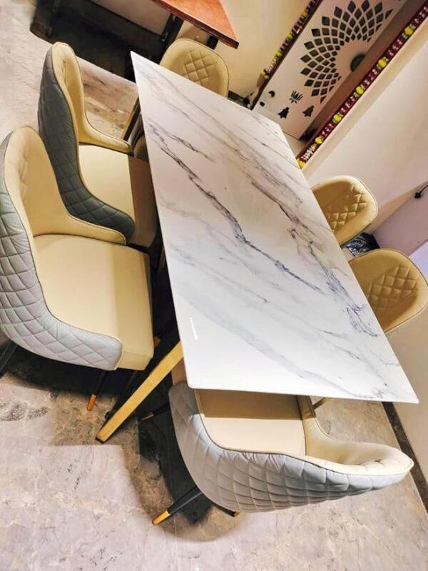 Taxzek Modern Dining Table Set with 6 Chairs, White Marble Top, Gold Base, Quilted Cream Upholstery, Black+Golden Leg for Living Room Dining Room Kitchen - Image 6