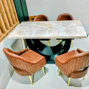 Taxzek U-Shape Modern Dining Set with Marble Top, Brown Quilted Four Chairs with Gold Legs, 5-Piece