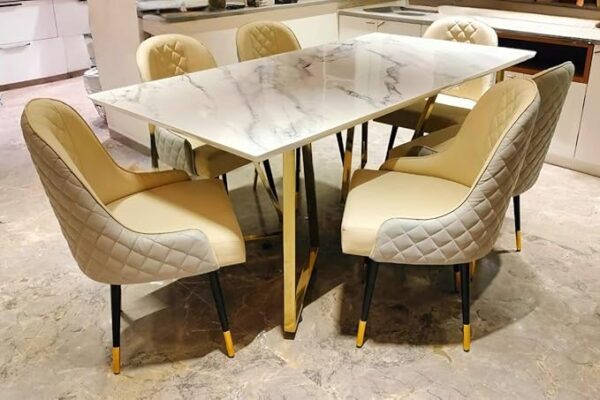 Taxzek Modern Dining Table Set with 6 Chairs, White Marble Top, Gold Base, Quilted Cream Upholstery, Black+Golden Leg for Living Room Dining Room Kitchen - Image 3