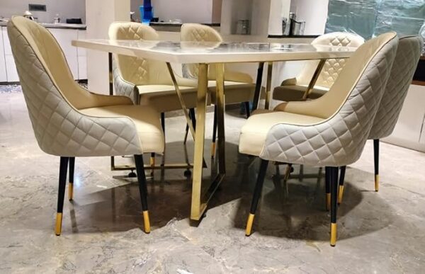 Taxzek Modern Dining Table Set with 6 Chairs, White Marble Top, Gold Base, Quilted Cream Upholstery, Black+Golden Leg for Living Room Dining Room Kitchen - Image 5