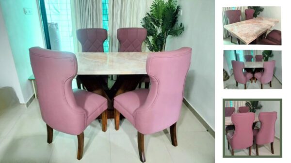Taxzek 4 Seater Marble Top Wooden Dining Table Tawny Polish with Peach Colour Leather Chairs (Americana, Tawny)