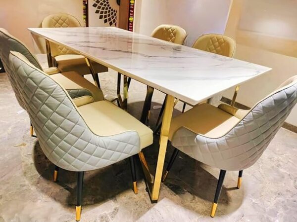 Taxzek Modern Dining Table Set with 6 Chairs, White Marble Top, Gold Base, Quilted Cream Upholstery, Black+Golden Leg for Living Room Dining Room Kitchen
