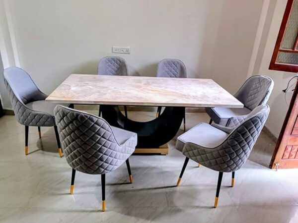 Taxzek U-Shaped Black+Golden Wooden Base, 6 Seater, Marble Top Dining Table, Grey Chairs with Black+Golden Legs - Image 5