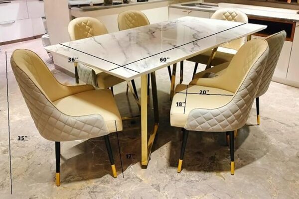 Taxzek Modern Dining Table Set with 6 Chairs, White Marble Top, Gold Base, Quilted Cream Upholstery, Black+Golden Leg for Living Room Dining Room Kitchen - Image 4