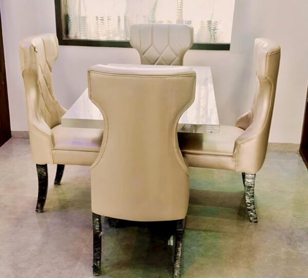 Taxzek Modern Dining Set, 4 Cream Leather Chairs with Marble-Look Table, V-Base, Diamond Pattern - Image 2