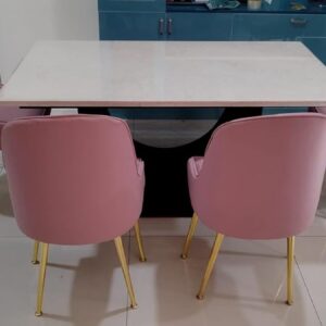 Taxzek 6-7 Seater Four Chairs+1 upholstered 2-3 seat Bench Lemonade Pink with Golden Non Slip Legs and U Shape Strong Brown Base with Polished White Marble