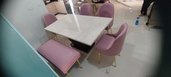 Taxzek 6-7 Seater Four Chairs+1 upholstered 2-3 seat Bench Lemonade Pink with Golden Non Slip Legs and U Shape Strong Brown Base with Polished White Marble - Image 2