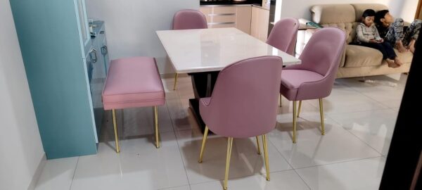 Taxzek 6-7 Seater Four Chairs+1 upholstered 2-3 seat Bench Lemonade Pink with Golden Non Slip Legs and U Shape Strong Brown Base with Polished White Marble - Image 3