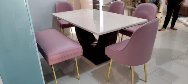 Taxzek 6-7 Seater Four Chairs+1 upholstered 2-3 seat Bench Lemonade Pink with Golden Non Slip Legs and U Shape Strong Brown Base with Polished White Marble - Image 4