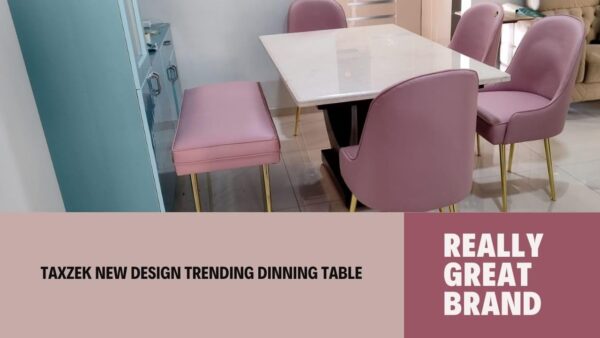 Taxzek 6-7 Seater Four Chairs+1 upholstered 2-3 seat Bench Lemonade Pink with Golden Non Slip Legs and U Shape Strong Brown Base with Polished White Marble - Image 8