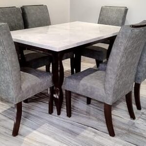 Dining Table and Chair Set, Marble Top, Solid Wood Legs, Seats 6, Set of 2