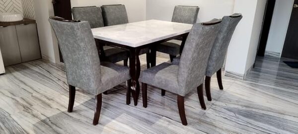Dining Table and Chair Set, Marble Top, Solid Wood Legs, Seats 6, Set of 2