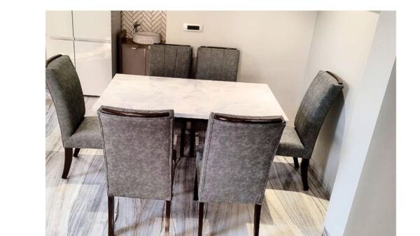 Dining Table and Chair Set, Marble Top, Solid Wood Legs, Seats 6, Set of 2 - Image 4