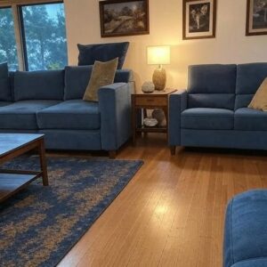 Modern Living Room Set, 3-Piece Navy Blue Sofa Set with Gold Accent Pillows, Contemporary Fabric Upholstery