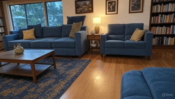 Modern Living Room Set, 3-Piece Navy Blue Sofa Set with Gold Accent Pillows, Contemporary Fabric Upholstery