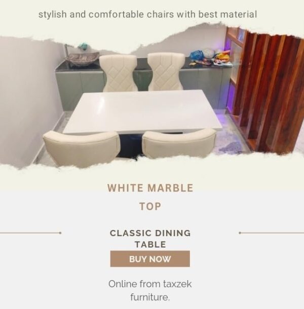 Taxzek American V-Shape Dining Table, Living Room Furniture, Bedroom Furniture, Office Furniture with Four Chairs, Beige Marble - Image 4