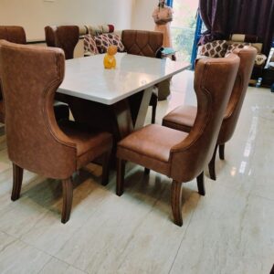 Taxzek Beautiful Back 6 seat Comfortable Dining Set Include V Shape Strong Base with White Classy Marble (Desert Brown)
