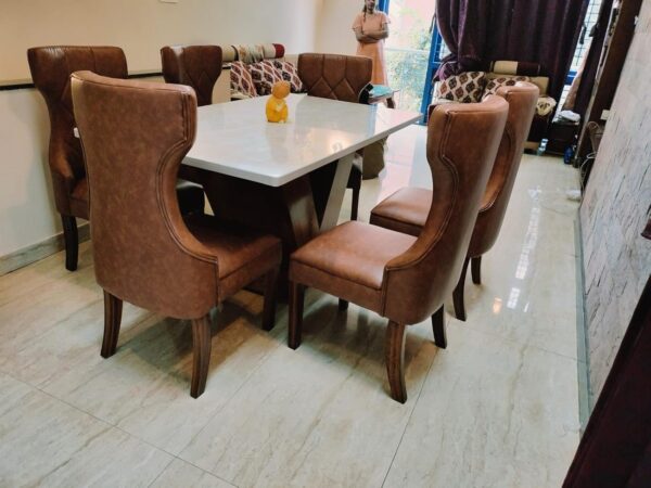 Taxzek Beautiful Back 6 seat Comfortable Dining Set Include V Shape Strong Base with White Classy Marble (Desert Brown)