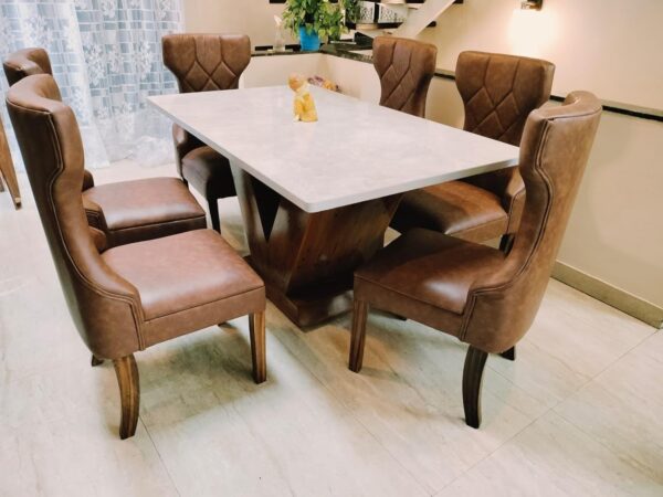 Taxzek Beautiful Back 6 seat Comfortable Dining Set Include V Shape Strong Base with White Classy Marble (Desert Brown) - Image 5