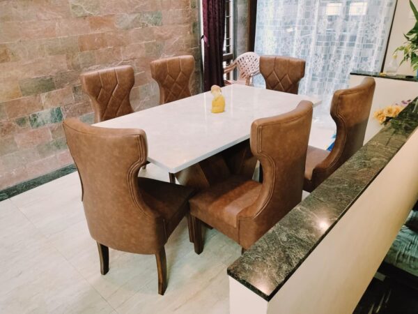 Taxzek Beautiful Back 6 seat Comfortable Dining Set Include V Shape Strong Base with White Classy Marble (Desert Brown) - Image 6