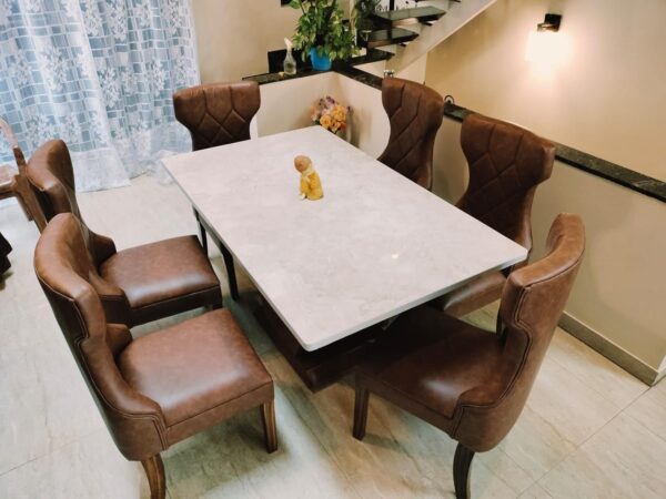 Taxzek Beautiful Back 6 seat Comfortable Dining Set Include V Shape Strong Base with White Classy Marble (Desert Brown) - Image 2