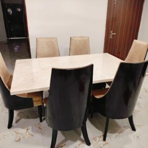 Taxzek Wood 6 Seater Homey Cream And Blackish Brown Centre Pillar Dining Set U Shape Top Base With Biege Marble Top