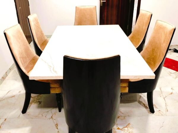 Taxzek Wood 6 Seater Homey Cream And Blackish Brown Centre Pillar Dining Set U Shape Top Base With Biege Marble Top - Image 2