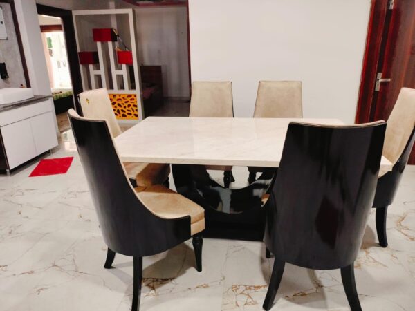 Taxzek Wood 6 Seater Homey Cream And Blackish Brown Centre Pillar Dining Set U Shape Top Base With Biege Marble Top - Image 4