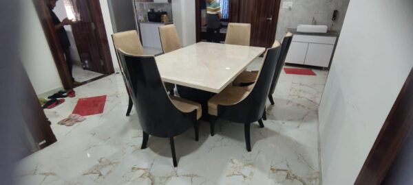 Taxzek Wood 6 Seater Homey Cream And Blackish Brown Centre Pillar Dining Set U Shape Top Base With Biege Marble Top - Image 6