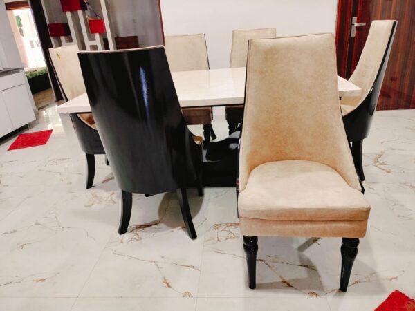 Taxzek Wood 6 Seater Homey Cream And Blackish Brown Centre Pillar Dining Set U Shape Top Base With Biege Marble Top - Image 7