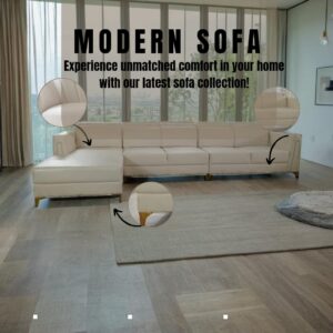Taxzek Modern L-Shaped Sectional Sofa, Cream Leather Upholstery, Gold-Tone Legs 2+2+Lounger for Living Room,Office, Guest House