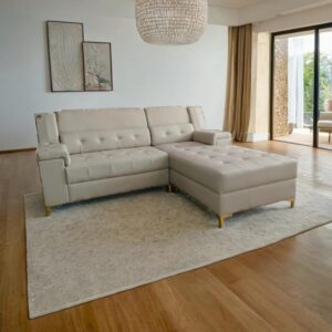 Taxzek Modern L-Shaped 2 Seater with Lounger Sectional Sofa, Tufted Leather, Light Grey with Gold Legs, Right Chaise