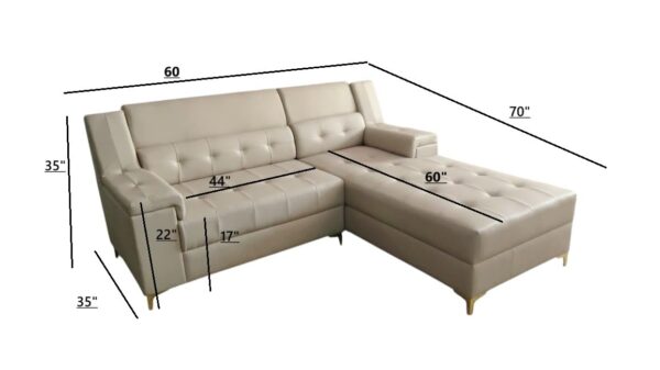 Taxzek Modern L-Shaped 2 Seater with Lounger Sectional Sofa, Tufted Leather, Light Grey with Gold Legs, Right Chaise - Image 3