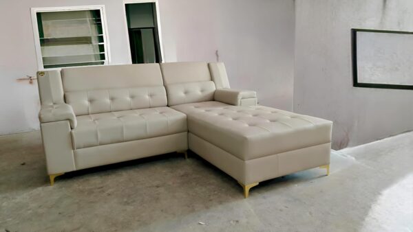 Taxzek Modern L-Shaped 2 Seater with Lounger Sectional Sofa, Tufted Leather, Light Grey with Gold Legs, Right Chaise - Image 2