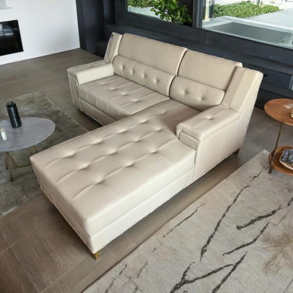 Taxzek Modern L-Shaped 2 Seater with Lounger Sectional Sofa, Tufted Leather, Light Grey with Gold Legs, Right Chaise - Image 4