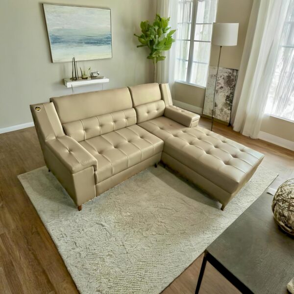 Taxzek Modern L-Shaped 2 Seater with Lounger Sectional Sofa, Tufted Leather, Light Grey with Gold Legs, Right Chaise - Image 5