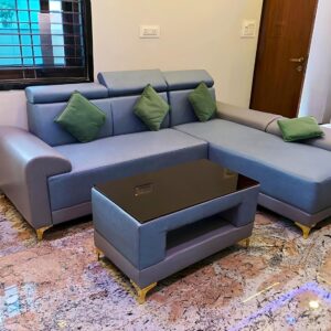 Taxzek 2-3 Seater L-Shaped Lounger Sofa with Storage Centre Table, Grey Leather with Green Cushion
