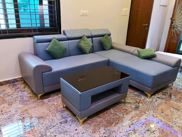 Taxzek 2-3 Seater L-Shaped Lounger Sofa with Storage Centre Table, Grey Leather with Green Cushion