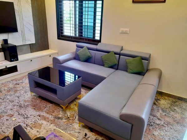 Taxzek 2-3 Seater L-Shaped Lounger Sofa with Storage Centre Table, Grey Leather with Green Cushion - Image 3