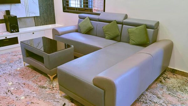 Taxzek 2-3 Seater L-Shaped Lounger Sofa with Storage Centre Table, Grey Leather with Green Cushion - Image 4