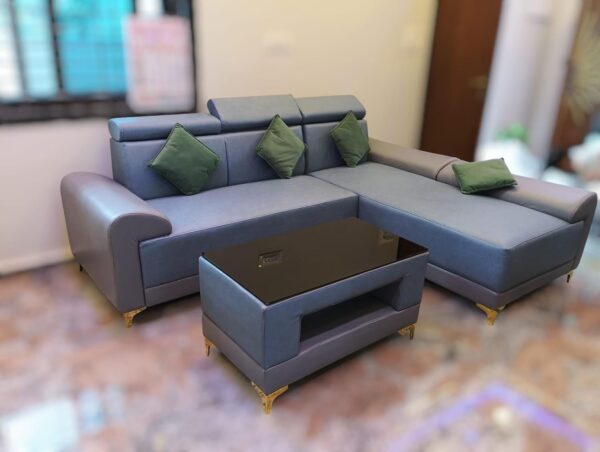 Taxzek 2-3 Seater L-Shaped Lounger Sofa with Storage Centre Table, Grey Leather with Green Cushion - Image 6