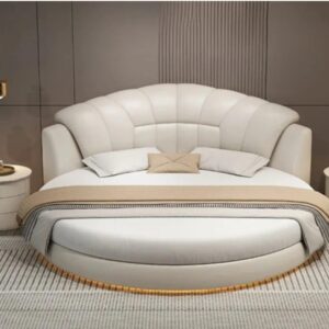 Modern Round Platform Bed with Curved Headboard, White Upholstered, LED Base Light