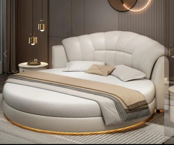 Modern Round Platform Bed with Curved Headboard, White Upholstered, LED Base Light - Image 3