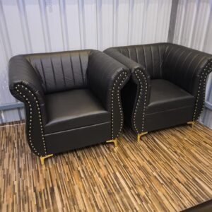 Luxury Club Chair Set of 2, Black Faux Leather, Channel Tufted with Gold Studs and Feet