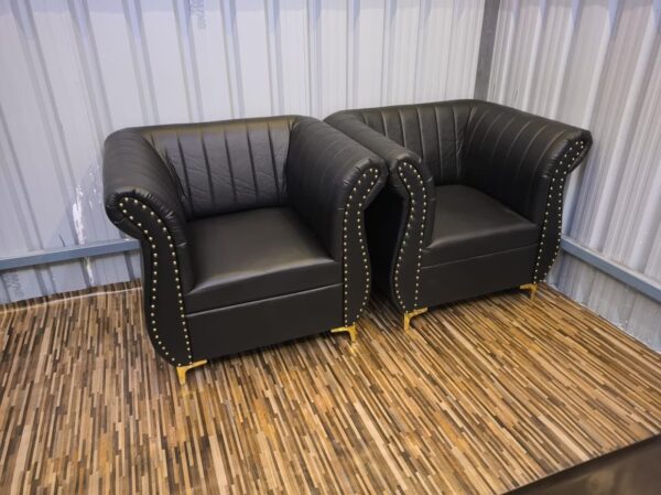 Luxury Club Chair Set of 2, Black Faux Leather, Channel Tufted with Gold Studs and Feet