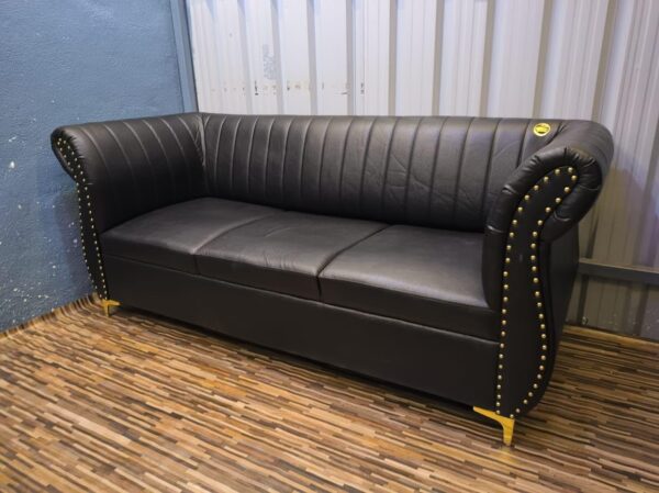 Luxury Club Chair Set of 2, Black Faux Leather, Channel Tufted with Gold Studs and Feet - Image 2